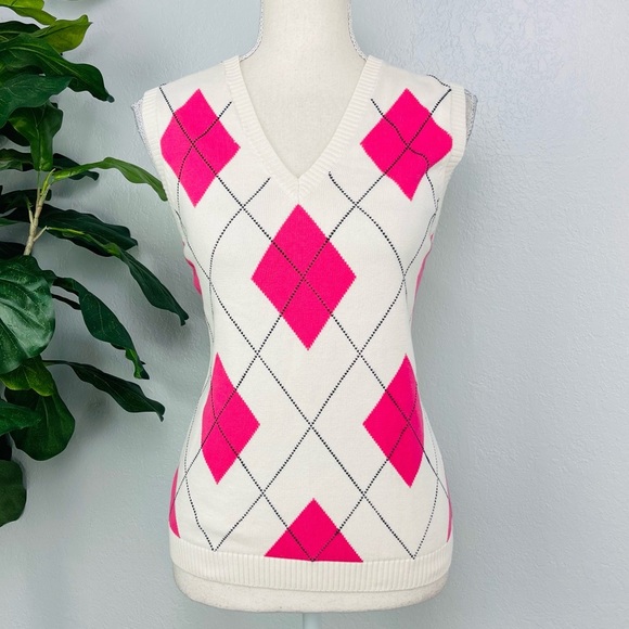 Izod Y2K Arglye Pattern Knit Cream Pink Pastel Diamond Sleeveless Vest - Picture 1 of 4